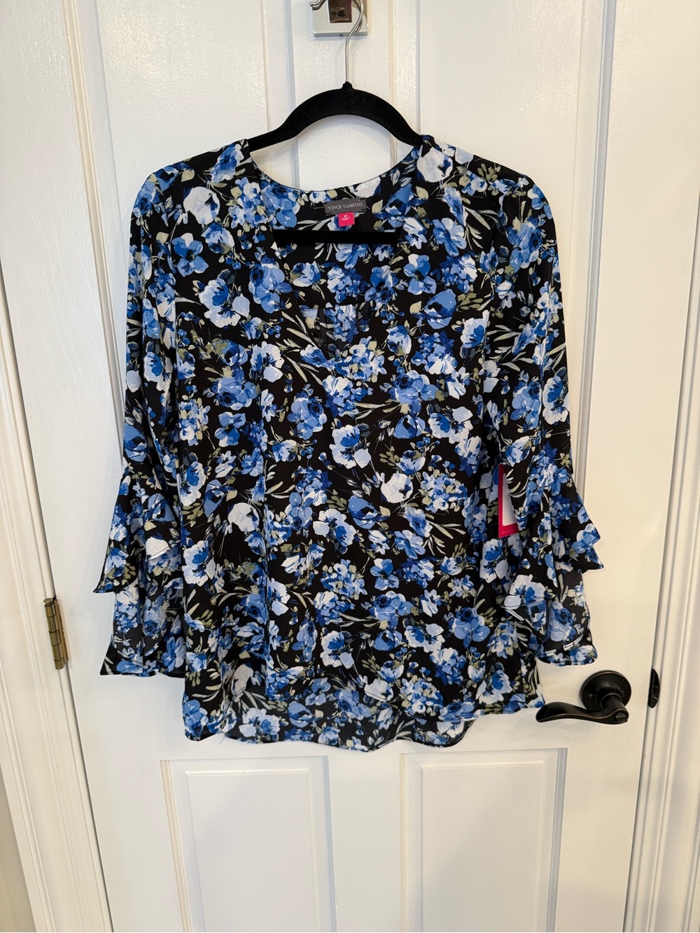Vince Camuto Floral Bell-Sleeve Top - Blue/Black